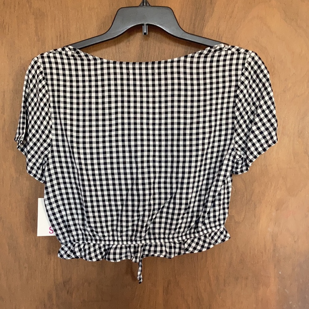 SO boho casual top black white check short sleeve cinch front casual L jr - Picture 12 of 15